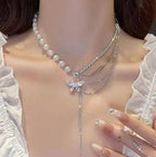 Women's Stylish Butterfly Rhinestone Pearl Necklace