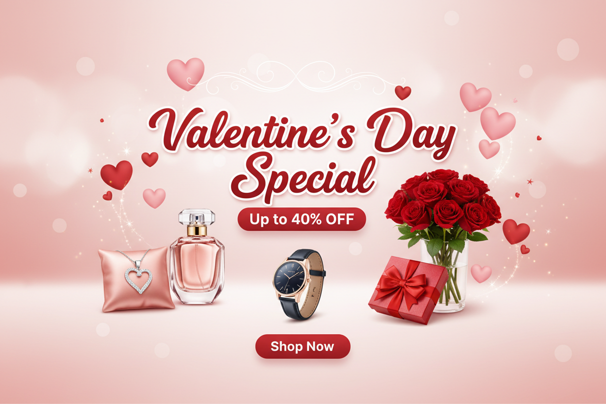 generate a valentines day special banner for shopping website. mention some products with a particular offer or something