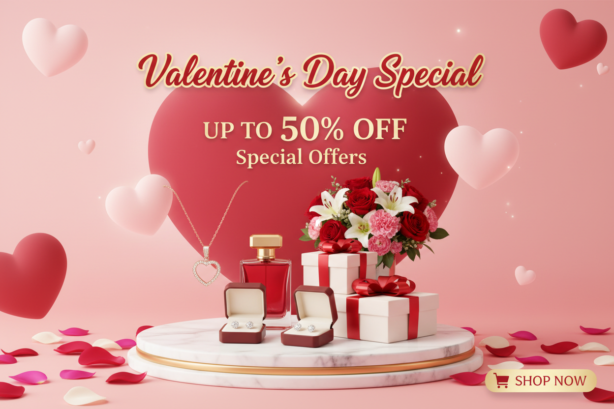 generate a valentines day special banner for shopping website. showing some product and offers